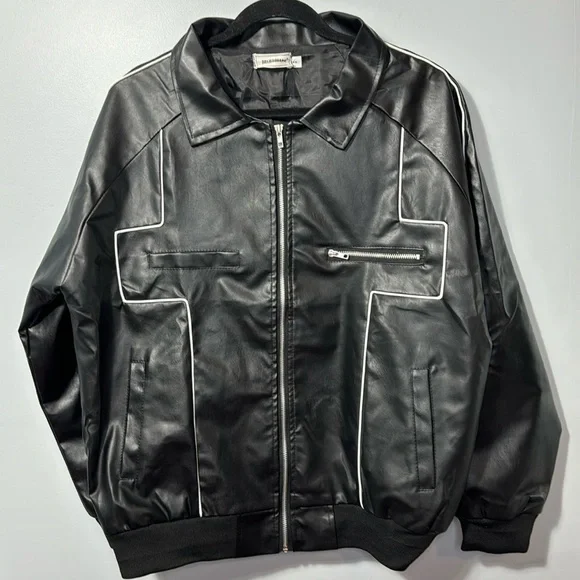 Jiechaofang Black‎ with White Piping Faux Leather Jacket in Size XL